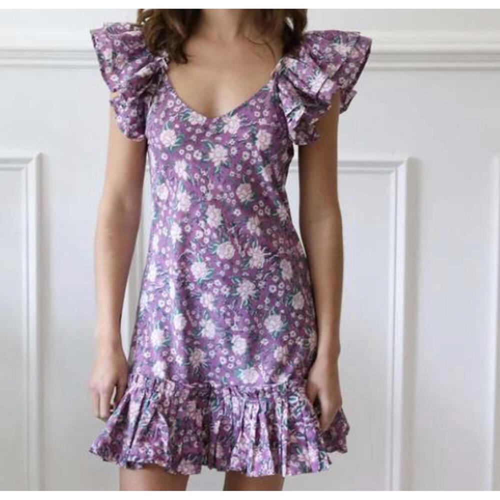 MILLE Resort Wear Purple floral ruffle sleeve mini dress sz XS